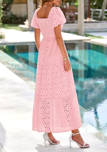 Image of PRETTYGARDEN Summer Dresses for Women 2026 Eyelet Square Neck Puff Sleeve Smocked Wedding Guest Maxi Dress with Pockets
