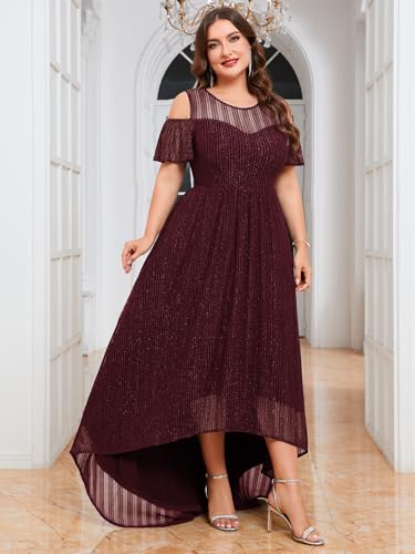 Image of ZOMVA Plus Size Sparkly Mesh Maxi Dress Cold Shoulder Ruffle Sleeve High Low A Line Dresses Wedding Guest Cocktail Party