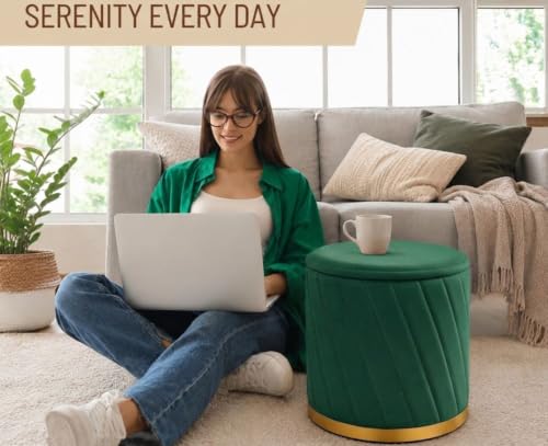 Image of Luxury Velvet Ottoman Stool for Living Room & Bedroom | Premium Round Pouffe with Gold Metal Base | Modern Footrest, Extra Seating & Home Decor (Green)