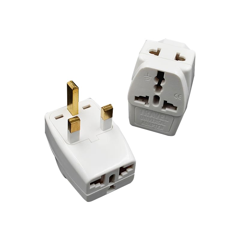 2 Pack 3-in-1 Universal UK Power Plug Adapter (Type G)–Compatible with Malaysia, Singapore,Hong Kong–Grounded Travel Adapter (White) (UK plug TO 3 hole*2+2 hole-WT-2PCS)