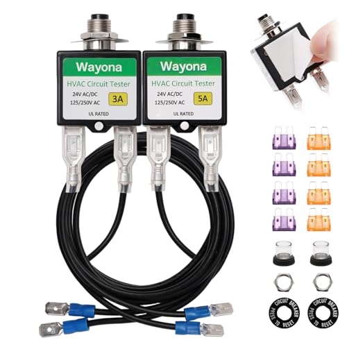 Wayona 2-Pack 3 Amp &amp; 5 Amp Resettable Fuse Popper HVAC Kit with Extra Fuses, Self-Adhesive Backing &amp; Waterproof Caps, UL Listed Circuit Tester for Circuit Breaker 24V AC/DC &amp; 125/250V AC, Fuse Saver