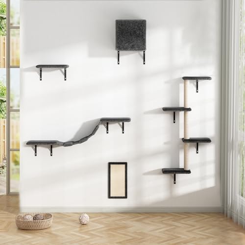 Cat Climber Set Wall Mounted Furniture Climbing Shelves with Tree Cat House Bridge Perch Hammock Scratching Post Steps Shelves for Indoor Playground Wall Furniture Set, 5 Pcs