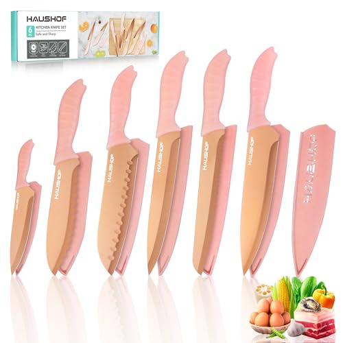 HAUSHOF Kitchen Knife Set, 12-Piece Pink Knife Set with 6 Blade Guards, Non-Stick Coated Stainless Steel Blades for Slicing, Dicing&Cutting, Gifts Knife Set for Dad, Mom, Husband and Wife
