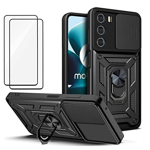 Capa para Motorola Moto Edge 30 Capinha | com 2 protetores de tela temperados, janela deslizante de proteção da câmera integrada e suporte para telefone - Preto