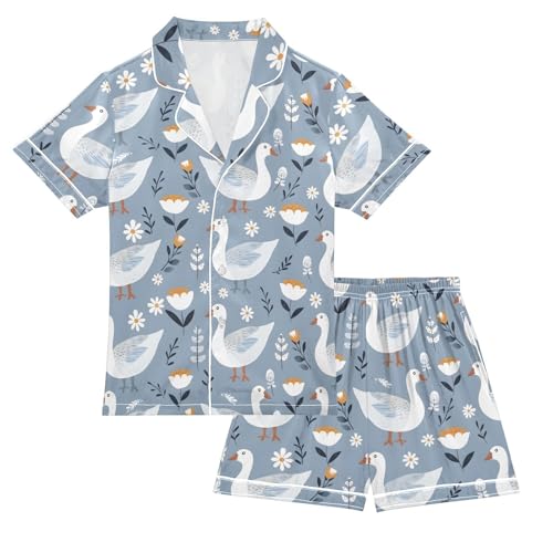 ALAZA Cute Duck Blossom Flower Satin Pajamas Set Short Sleeve Button Down Sleepwear Summer Pjs 2 Piece