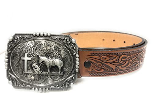 Bama Belts and Leathers Leather Belt Floral Western Oak Leaf Design with Praying Cowboy Buckle Size 30-52 (30)