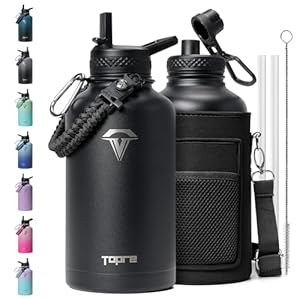 64oz Insulated Water Bottle,Half Gallon Water Flask Stainless Steel Vacuum, Cold for 48 Hrs,BPA-Free & Leakproof -with Paracord Handle,Strap,Straw Spout Lids,Large Jug for Gym Sports,Black