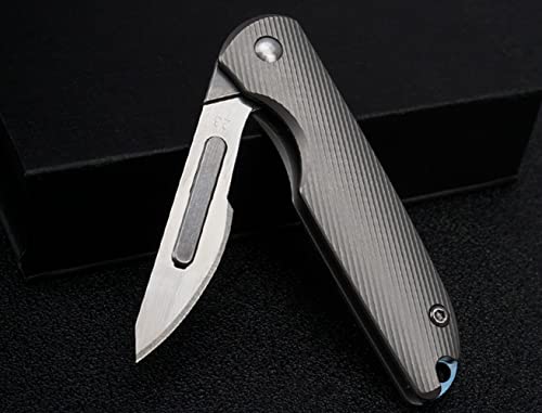 Tenchilon Ti28 Premium Mini Flipper Scalpel Folding Pocket Knife With 10Pcs #24 Replaceable Blade, Textured 6Al4V Titanium Handle With Frame Lock Utility Edc Knives, #TOP3