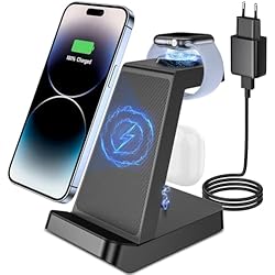 Cargador Inalambrico Tech 1 Cargador Inalámbrico 3 en 1, Estación Carga Inalámbrica Compatible con iPhone 15/14/14 Pro/14 Pro Max/13/12/12 Mini/11/X, Carga Rápida para Apple Watch Ultra 8/7/6/SE/5/4/3, Air Pods 3/Pro 2 -Negro