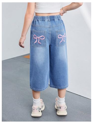 WDIRARA Girl's Bow Embroidery Baggy Jeans Cute Wide Leg Capris Denim Pants4