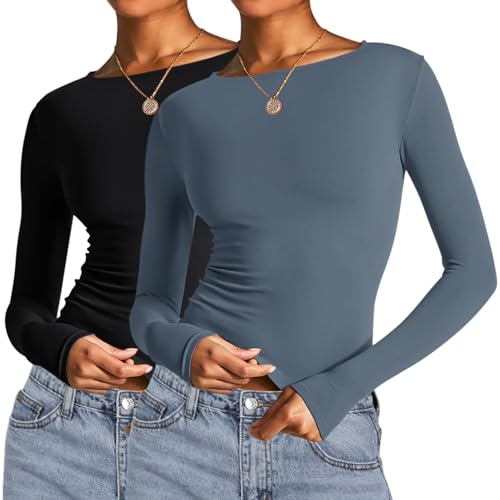 Image of AKEWEI Long Sleeve Crop Tops for Women 2 Pack Fall Going Out Outfits Cute Tight Basic Tees Shirt