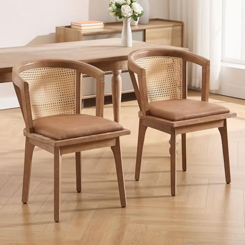 Image of BESTANO Rattan Dining Chairs Set of 2, Mid Century Modern Farmhouse Wood Dining Room Chairs, Leather Upholstered Comfortable Kitchen Dining Side Chair with Cane Woven Back, Brown