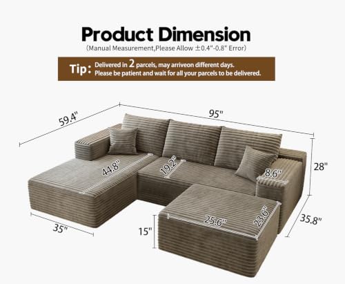 Image of Settab 95 inch Boneless Couch Modular Sectional Sofa with Ottoman,U Shape Lounge Cloud Couch,Flexible Module Combination for Living Room, No Assembly