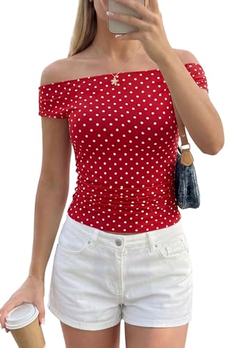 PRETTYGARDEN Womens Off The Shoulder Tops 2026 Summer Y2K Clothes Going Out Shirts Ruched Tank Top Date Night Outfits (Polka Dot Red White,Large)