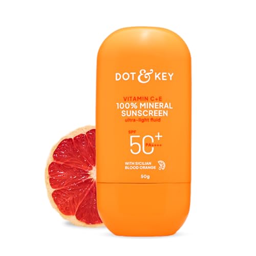 Image of Dot & Key Vitamin C + E 100% Mineral Sunscreen In-Vivo Tested SPF 50+ PA++++ | No White Cast, Lightweight Fluid, With Zinc Oxide & Titanium Dioxide | Blends Easily, Boosts Natural Glow, Non-Greasy | 50gm