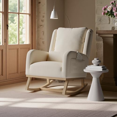 SUNFECILI Mecedora tapizada con Respaldo Alto para Lectura, sillón con cojín tapizado, Bolsillo Lateral y reposabrazos, Mecedora tapizada para salón, Lino(Beige B)