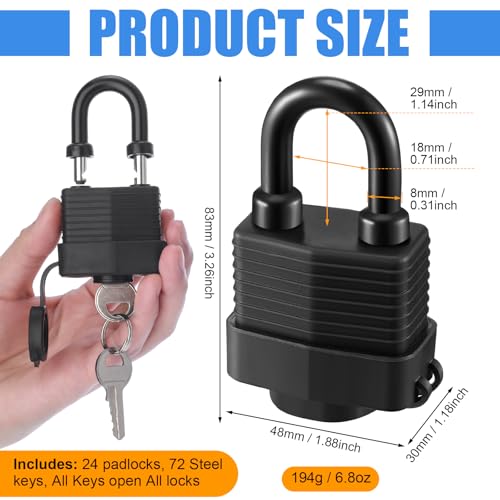 Image of Blulu 24 Pack Waterproof Padlocks Keyed Alike for Outdoor Use Large Outdoor Combo Locks with Key Keyed Alike Locks, Lockout Tagout Lock (Black)