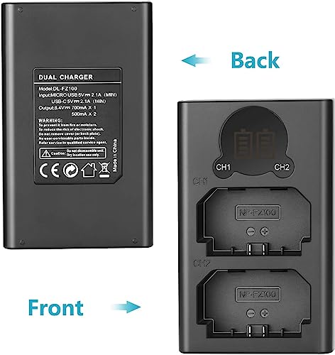 NEEWER Pack de 2 NP-FZ100 Baterías Repuesto y Cargador Doble Ranura Compatibles con A9 III A9 II A9 A7RV A7R IV A7R III A7 IV A7 III A6700 A6600 A7C A1 ZV-E1 ZV-E10 II FX3 FX30, 2280mAh