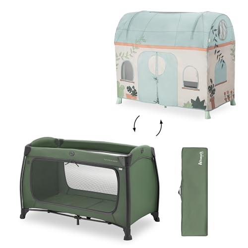 hauck Play N Relax Center Kinderreisebett inkl. Spielzelt, Dark Green Plants - ab Geburt bis 15 kg, mit Neugeborenen Einhang, Wickelauflage, XL Schlupf, Rollen, Tragetasche - Klein Zusammenklappbar
