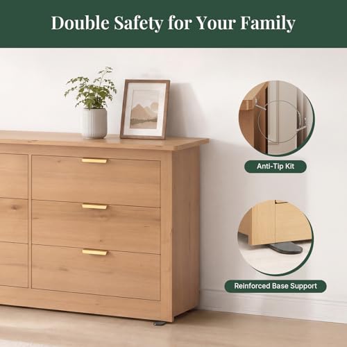 Image of 59 inch Wide Wood TV Stand with 6 Drawers & Metal Handles, Modern Media Console Storage Cabinet for Living Room, Bedroom, Entryway & Home Office, Wood