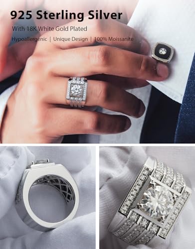 2.8CCTW Mens Moissanite Wedding Bands, D Color 18K White Gold Plated Sterling Silver,Round cut 3 rows Anniversary Band Ring for Men‘s Gift3