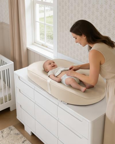 Image of Blissful Diary Vegan Leather Baby Changing Pad with Waterproof & Wipe-Clean PU Cover, Avocado Size Cozy Diaper Changing Pad for Dresser and Table, Beige