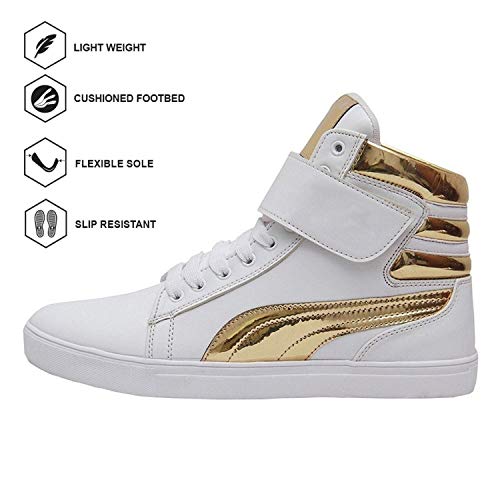 Image of Shoe Island Men's White and Gold Leatherette High Ankle Velcro Shinning Casual Dance Sneakers -10 UK /India