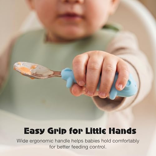 Image of Baybee Stainless Steel Baby Feeding Spoons Set of 2 | Bpa Free- Food Grade Self Feeding Training Utensil Spoon & Fork | Baby & Toddlers Gum Friendly Weaning Supplies for Kids 4 Months+ (Blue)