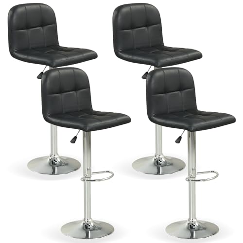Juego de 4 butacos giratorios modernos Giantex, ajustables en altura con respaldo y reposapiés, tapizados en cuero sintético para isla de cocina y comedor, color negro + plateado