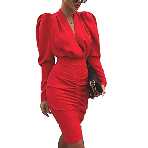 Kinnart Damen Mantel Casual Slim Trench-Kleid Outwear, Sexy Frauen Lange Puffärmel Tiefer V-Ausschnitt Slim Plissee Knielang Bodycon Kleid Rot L Cover