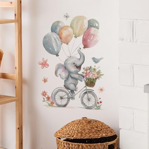 Image of Baby Elephant with Balloons Wall Stickers for Kids Baby Wall Stickers for Kids Room Bedroom Playroom Nursery Living Room Decor Wall Art Wall Decoration Boho