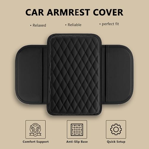 Image of ZIQO Car Armrest Pad | Universal Fit SUV MPV | PU Leather Center Console Cover | Foam Cushion Elbow Support | Dual Side Pockets | Waterproof | Non-Slip | Black