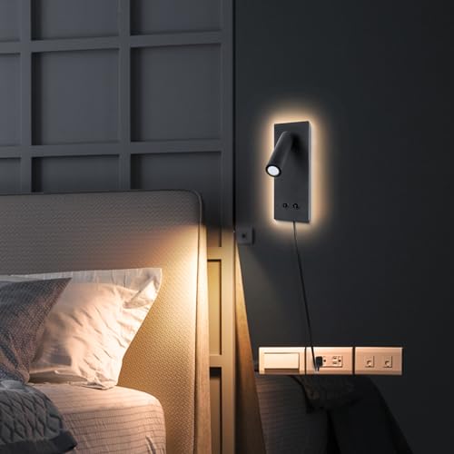 Image of LED Wall Sconce, Reading Light, Interior Bedroom Ambient Light, 2 in 1 Multifunction Bedside Plug-in Sconce, 4W+8W Night Light (Sand)