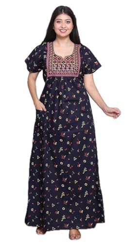 Image of DIAMO Pure Cotton Embroidery Nighty for Women, Cotton Night Gown, Night Maxi Gown, Cotton Nighty with a Pocket and Adjustable Knot