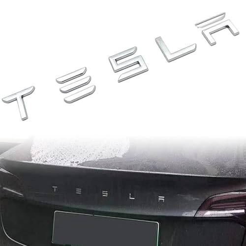 Image of Metal Tesla Letters Emblem Trunk Logo Decal Tailgate Rear 3m Adhesive Compatible with Tesla Model 3 Y Highland Juniper Chrome Matte Black Red Glossy Black (Chrome)