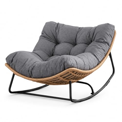 Home Republic Oversized Outdoor Rocking Chair Rocking Egg Chair with Thick Water-Resistant Cushion for Indoor/Outdoor Patio Garden Living Room & Balcony 150 kg Capacity (Bamboo)