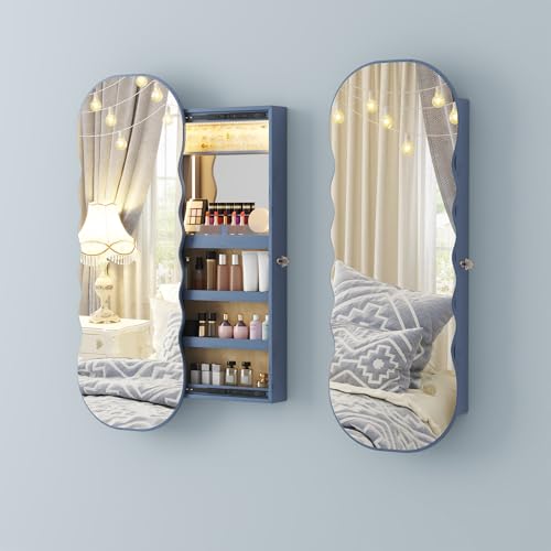 Lvifur Armario Joyero de Pared con Luces LED y Cierre, Puertas Corredizas Espejo de Ondas Espejo Joyero Varios Compartimentos para Pendiente, Collar, Pulsera, Cosmético, Azul Océano