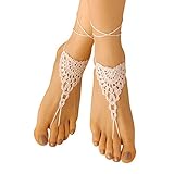 Hand Crochet Barefoot Sandals, Boho Bridal Shoes for Beach Weddings, Lace Foot Jewelry for Women, Adjustable One Size, Women's Beach Footwear (Ivory)
