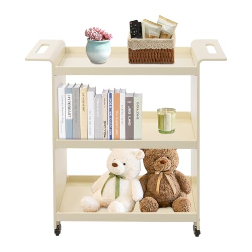 SuiYuLn Rolling Side Table,Rolling Cart with Lockable Casters,Nightstand for Living Room,Bedroom,Office (Milky White)
