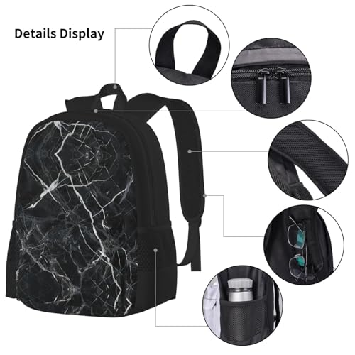 Black Marble Print 3 Piece Backpack Set, Laptop Daypack, Lightweight Bookbag Set With Lunch Bag Pencil Case4