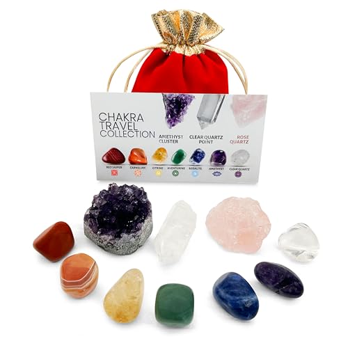 CRYSTALYA Travel Chakra Crystals and Healing Stones in Velvet Gift Pouch + 50pg EBOOK – 7 Chakra Tumbled Gemstones, Amethyst Crystal, Rose Quartz, Quartz Crystal Point, Stone Guide, Made in U.S.A.