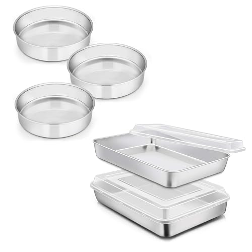 E-far 8 Inch Cake Pan Set of 3 with Stainless Steel Baking Pan Bundle, Round Layer Cake Baking Pans with Covers Bakeware, 12⅓ x 9¾ x 2 Inch Rectangle Sheet Cake Pans Set of 2, Dishwasher Saf