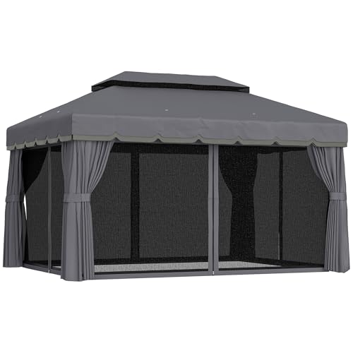 Outsunny Cenador para Jardín 4x3 m Pérgola de Jardín Gazebo con Doble Techo de Ventilación Paredes Laterales Anti-UV Mosquiteras y Marco de Aluminio Carpa para Exterior Terraza Patio Gris