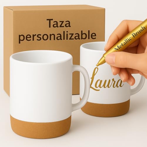 Taza Personalizada Regalo Original - Taza Personalizable en Cerámica 350ml con Base de Corcho y Rotulador Dorado – Regalo personalizado con Nombre, Fecha o Dedicatoria