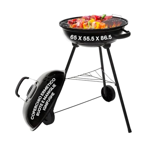Avilia Barbecue a Carbonella in Acciaio 65x55.5x86.5 cm, BBQ con Coperchio Ermetico, Ruote e Maniglie Ignifughe, Griglia Circolare 43 cm e Vassoio Raccogli Cenere – Ideale per Grigliate all’Aperto
