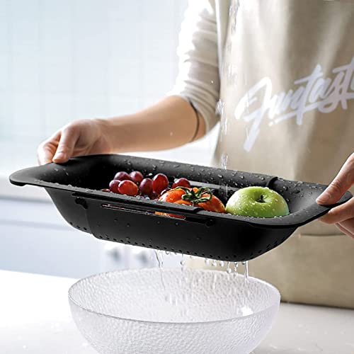 Image of KesaPlan Collapsible Sink Colanders and Strainers Basket Extendable Plastic Fruit Vegetable Strainer Drainer Basket for Kitchen (Length 13.6 inch-18.7 inch) (black)