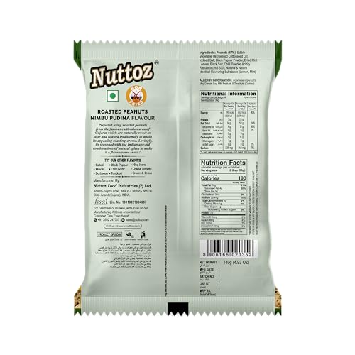 Image of Nuttoz Roasted Peanut Nimbu Pudina - Pack of 2 (140gm each) | Jumbo Roasted Moongfali | Non Fried Ready to Eat Healthy Snack | Crunchy Snack and Namkeen
