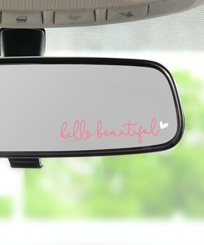 Image of RACOONA Rearview Mirror Decal,Hello Beautiful Decal,Car Accessories Stickers Rearview Mirror Sticker (Pink&White)