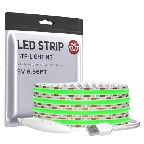 Image of BTF-LIGHTING 5V USB Green Color COB LED Strip Lights Super Bright Dimmable LED Tape Light,6.56FT 320LEDs Flexible Light Strip with Strong 3M Tape for 3D Printer,TV Backlight,Cabinet,Home Lighting