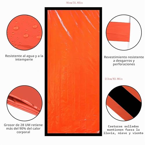 Miniatura 2 de Honyao Saco De Dormir Emergencia, Mantas Termica De Aluminio, Sacos De Vivac Supervivencia, Supervivencia Bivy Para Vivac, Cámping, Excursionismo, Trekking - Naranja
